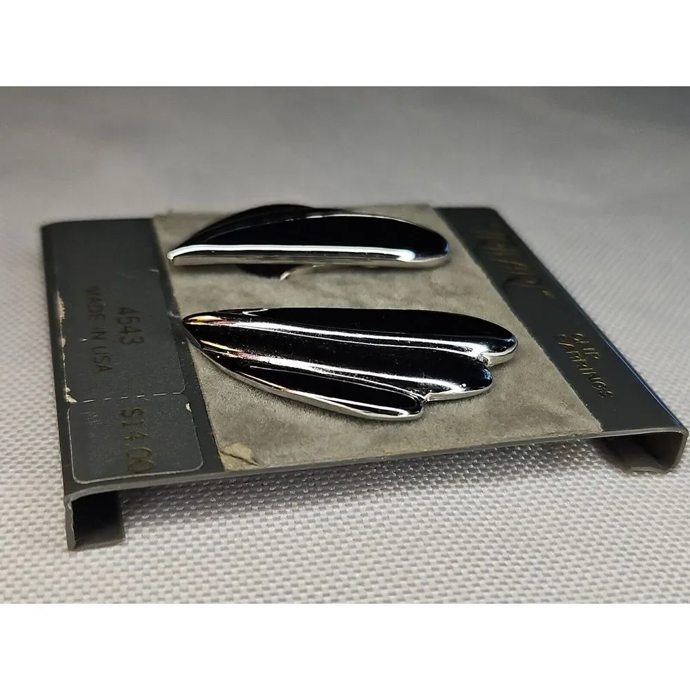 Vintage Trifari Clip-On FAN EARRINGS‎ Teardrop Black & Silver 80s New Old Stock